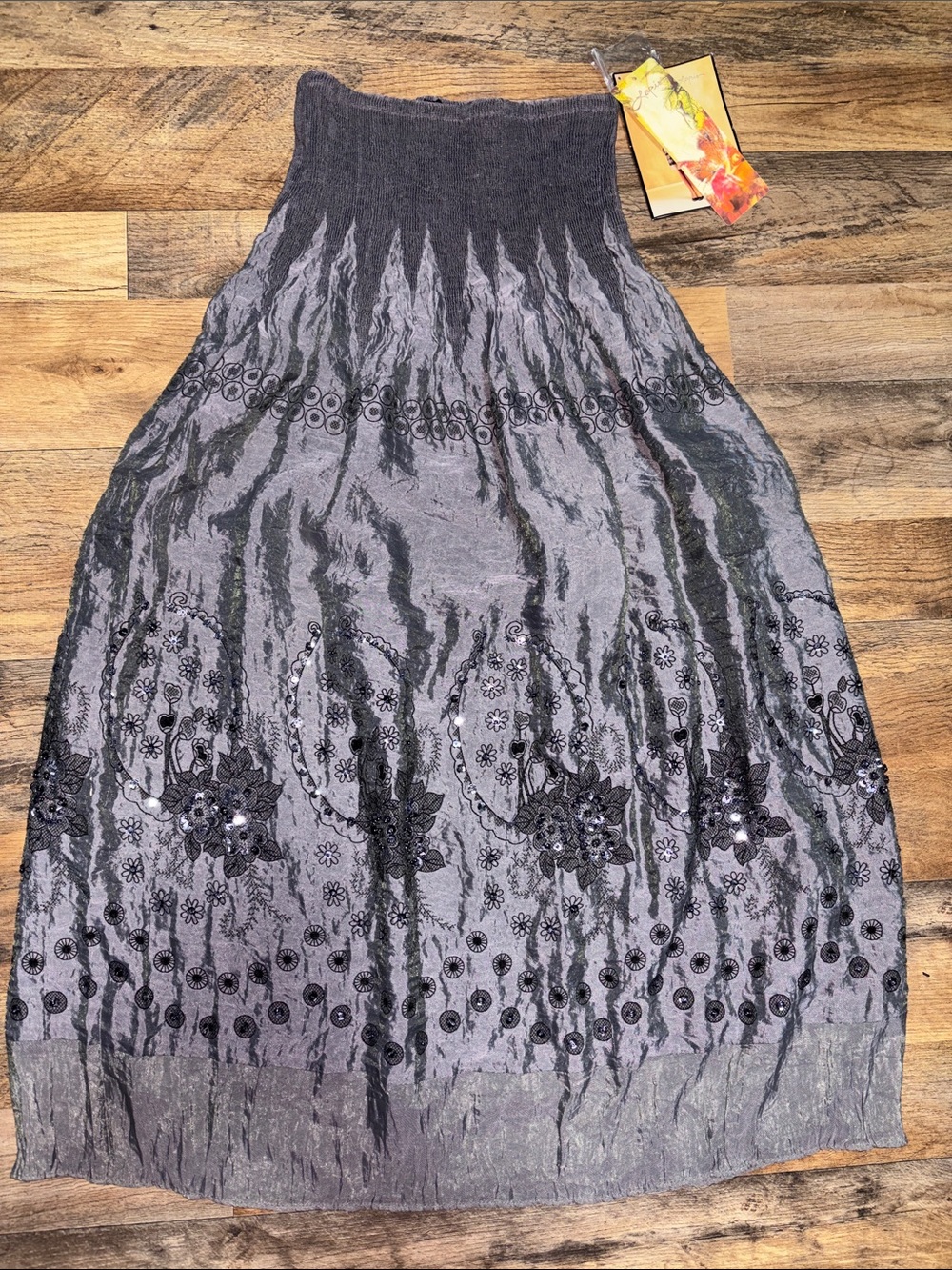 Lapis Gray and Black Embroidered Maxi Skirt